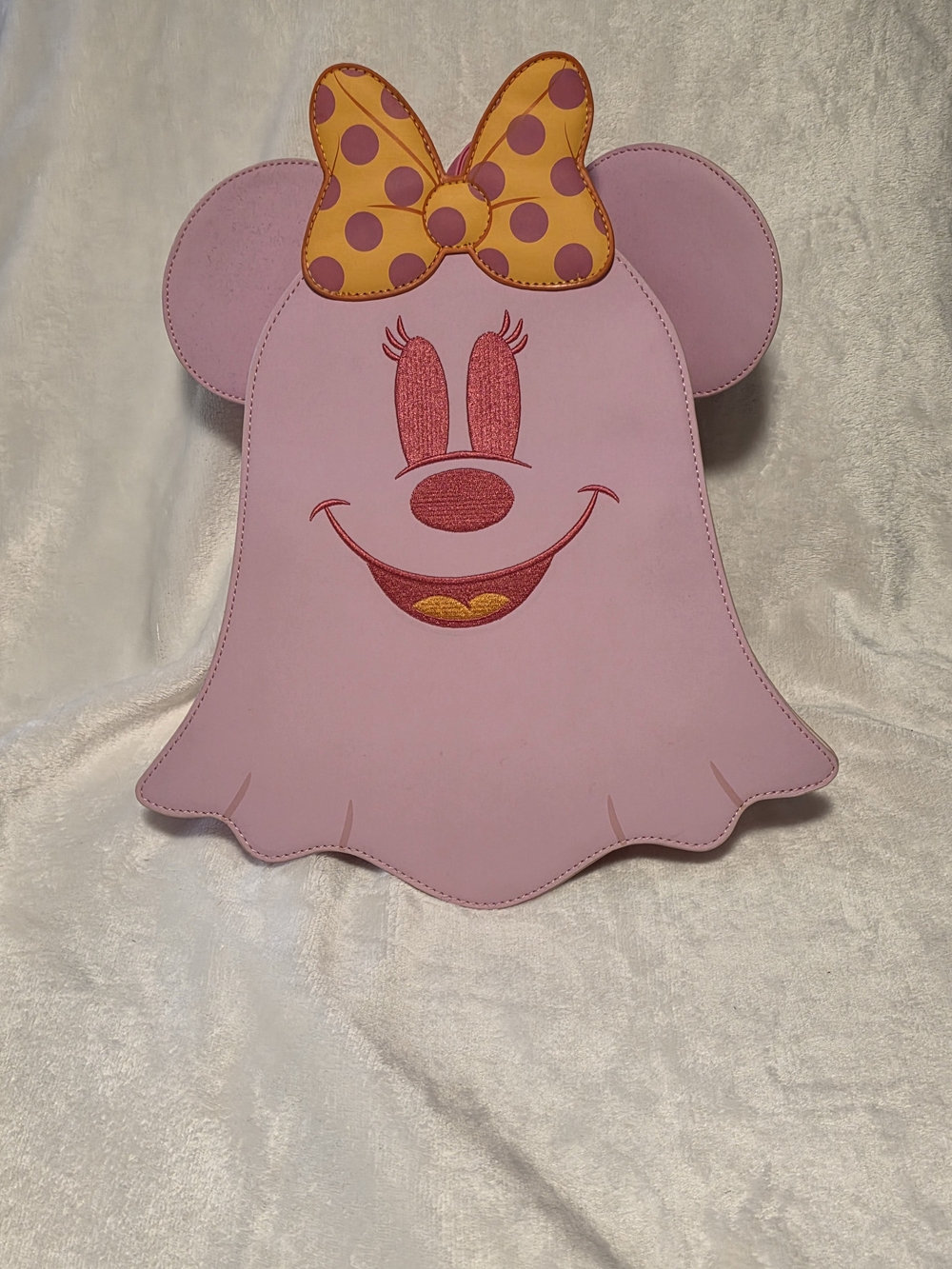 Loungefly Pink Minnie Ghost Backpack with Yellow Polka Dot Bow